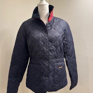 Barbour Women's Quilted Jacket - Navy with red lining, corduroy and plaid collar